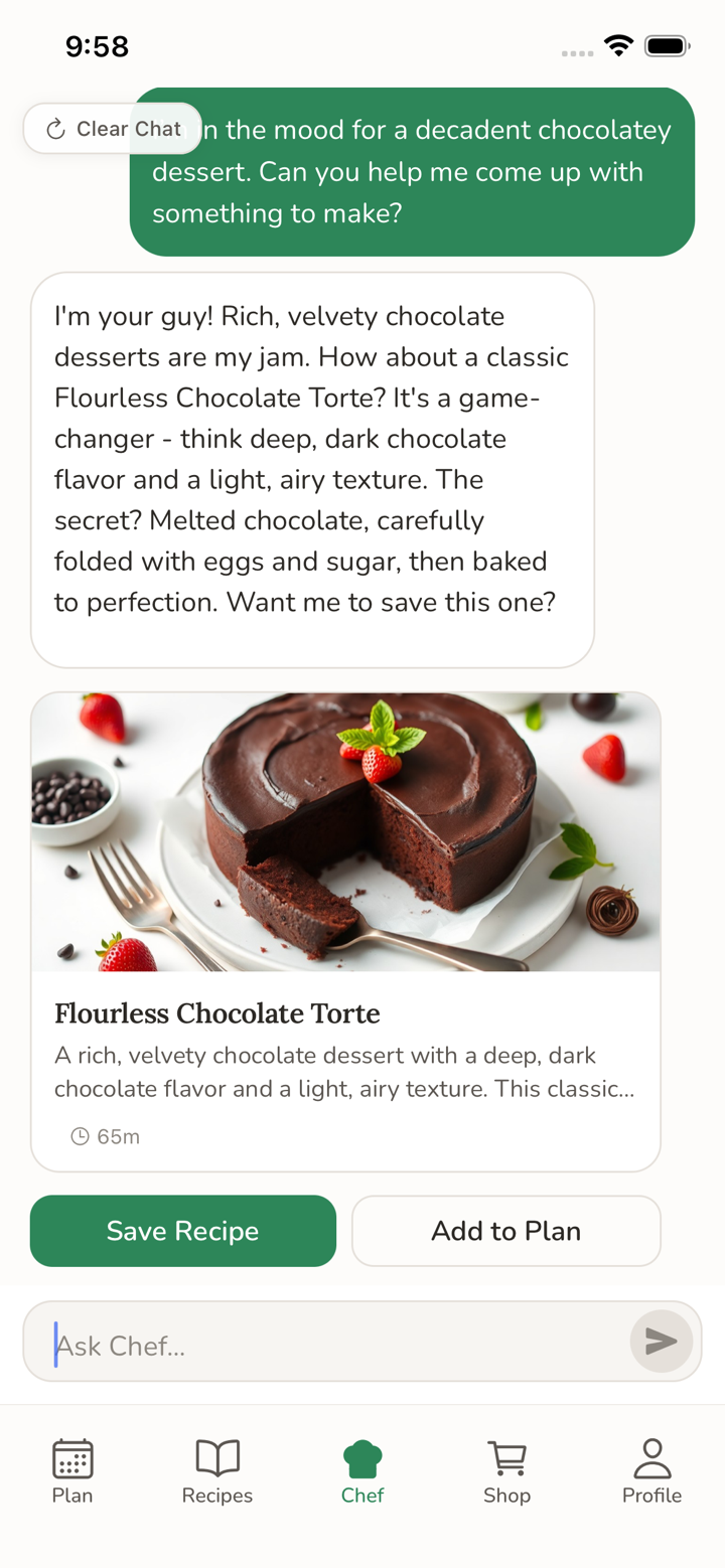 AI Chef chat interface showing personalized recipe suggestions