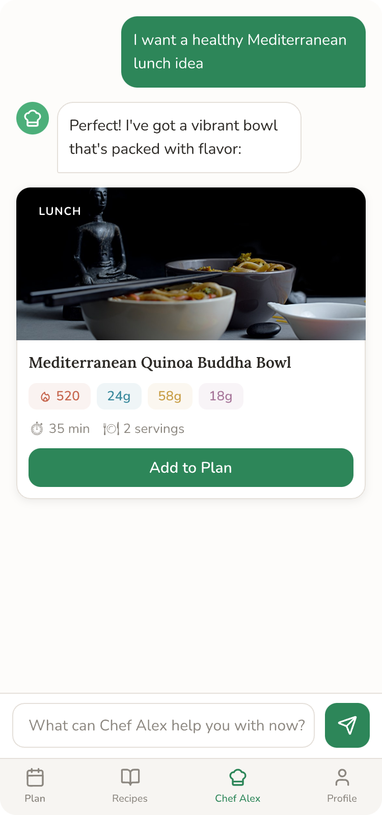 AI Chef Alex chat interface showing personalized recipe suggestions