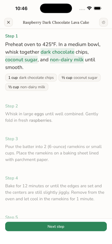 Cook mode screen showing a numbered step with ingredient quantities inline