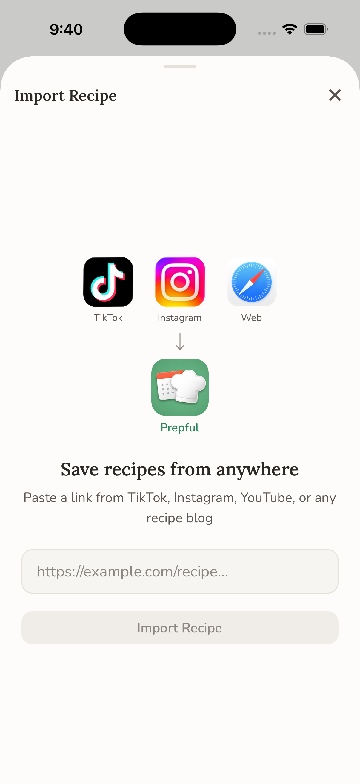 Import Recipe screen showing TikTok, Instagram, and Web icons with a URL input field