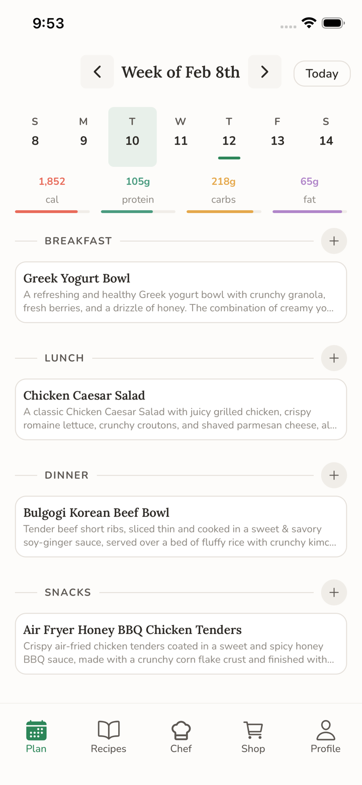 Weekly meal planner showing daily meals with macro tracking