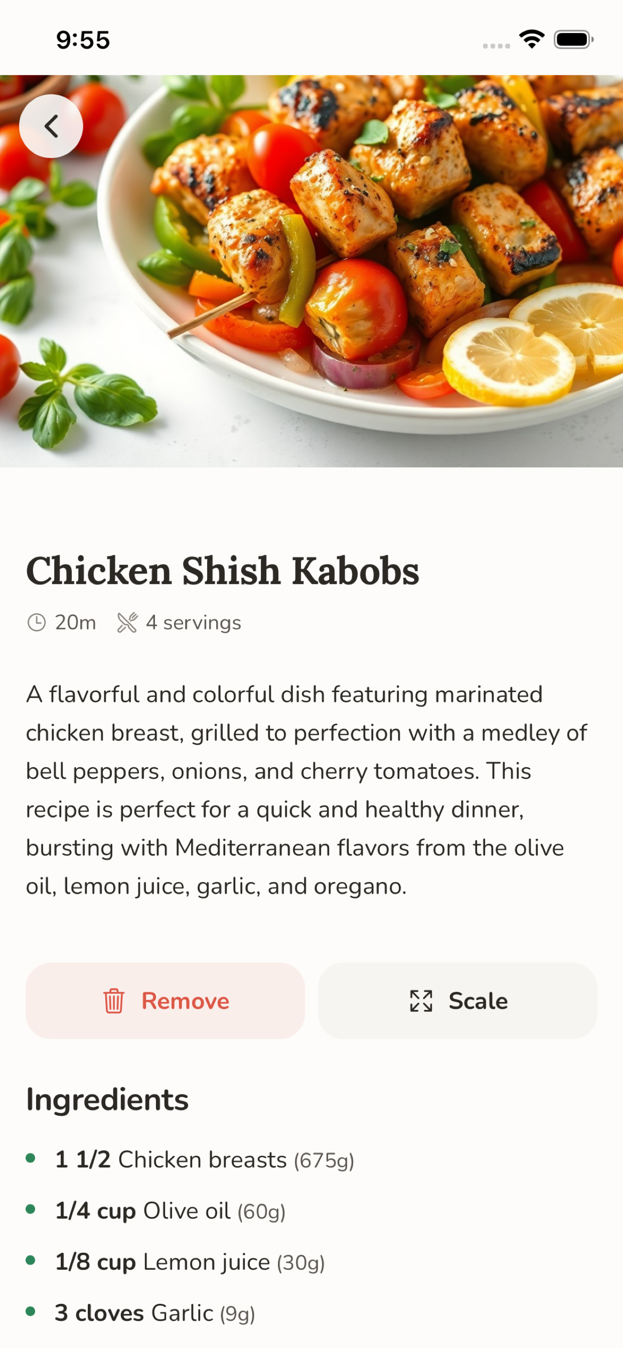 Recipe detail view with ingredients and actions for a saved chicken shish kabob recipe