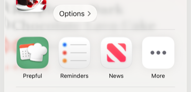 Prepful appearing as the first option in the iPhone share sheet after sharing a Facebook video