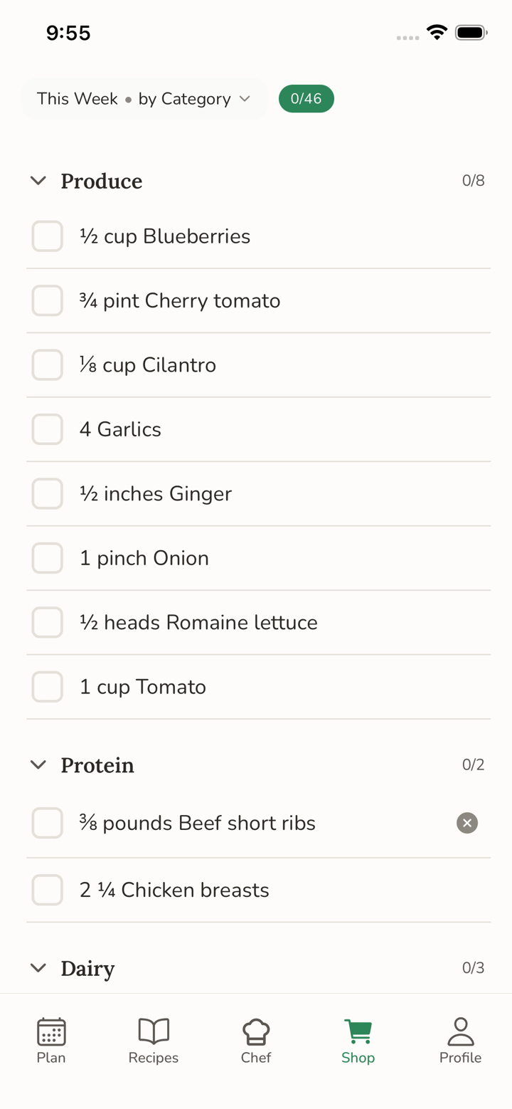 Shopping list grouped by category with items and checkboxes