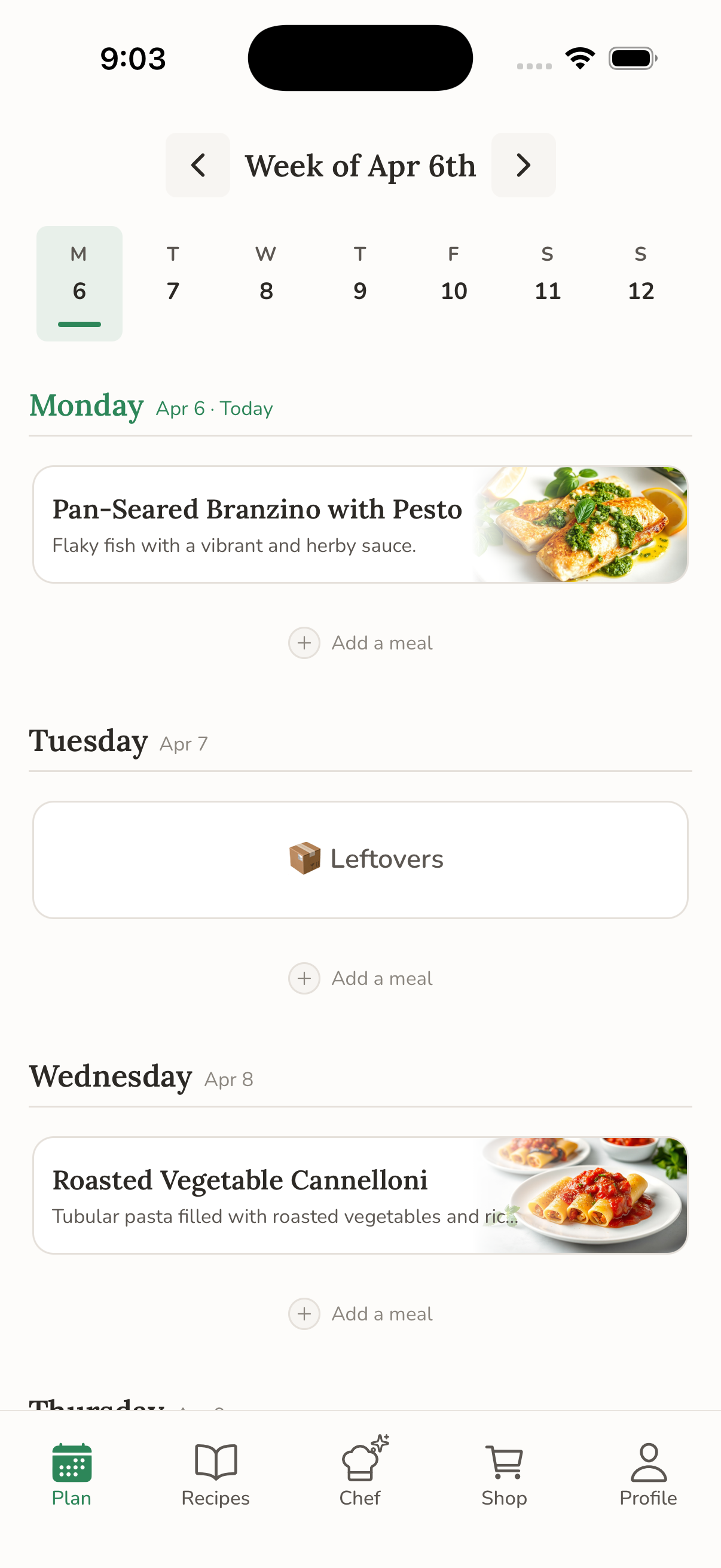 Weekly meal planner showing daily meals with macro tracking