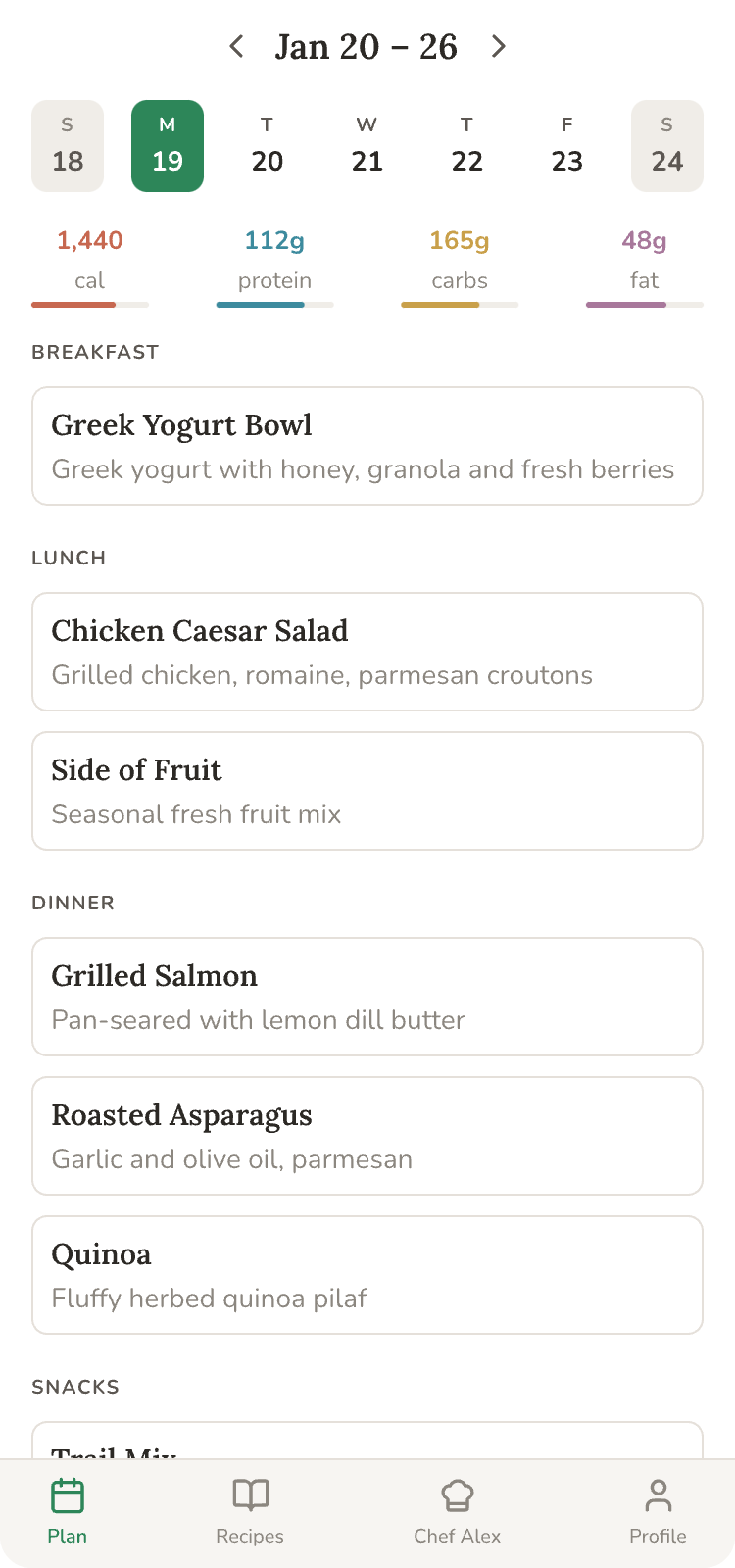 Weekly meal planner showing daily meals with macro tracking
